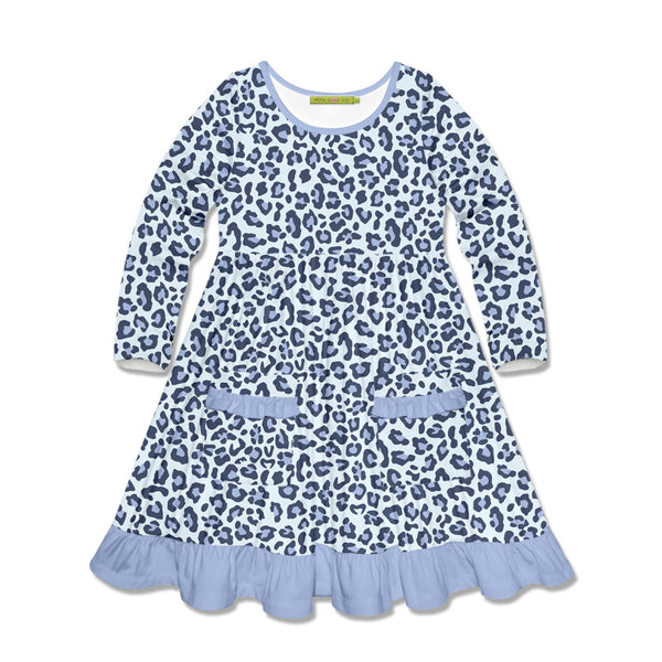 Kids Blue Skin Print Patch-Pocket Long-Sleeve A-Line Dress
