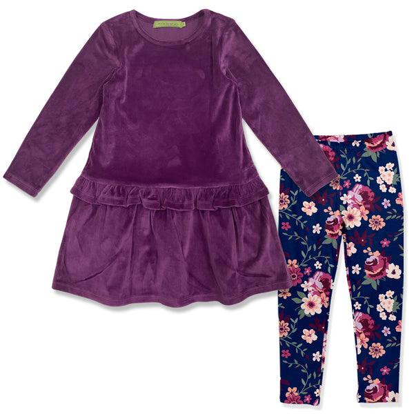 Plum Ribbed Velour Drop-Waist Dress & Willow Floral Leggings