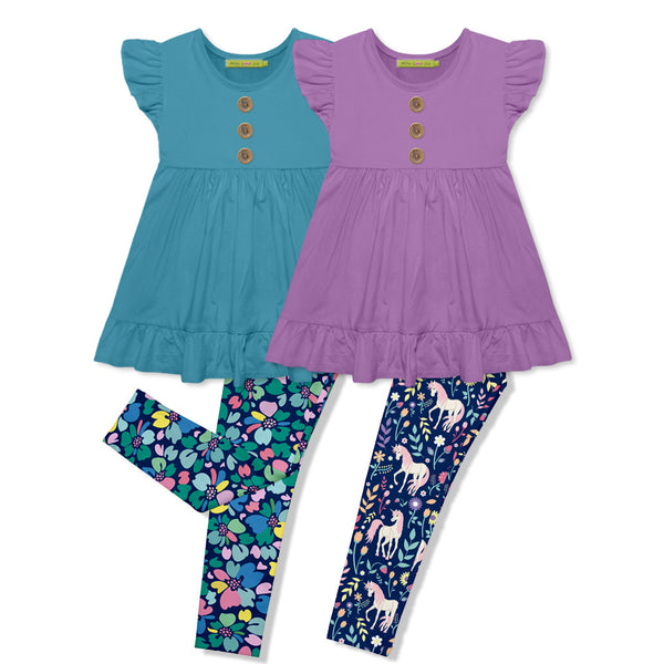 Millie Loves Lily Girls Turquoise Floral and Purple Unicorn Top & Leggings Set