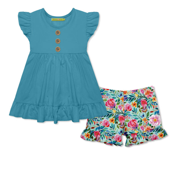 Kids Turquoise Angel-Sleeve Top & Becky Floral Ruffle Shorts