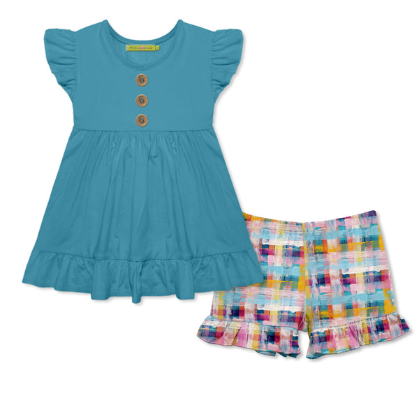Kids Turquoise Angel-Sleeve Top & Firefly Plaid Ruffle Shorts