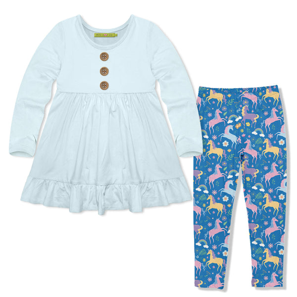 Kids Ice Blue Long-Sleeve Babydoll Top & Unicorn Leggings