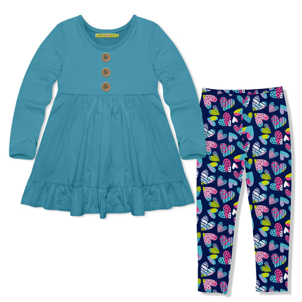 Kids Turquoise Long-Sleeve Babydoll Top & Navy Hearts Leggings