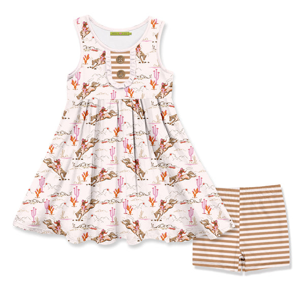 Kids Light Pink Rodeo Girl Button-Front A-Line Dress & Stripe Shorts