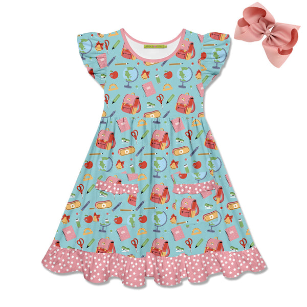 Kids Mint School Supplies Ruffle Pocket Dress & Hair Bow Set