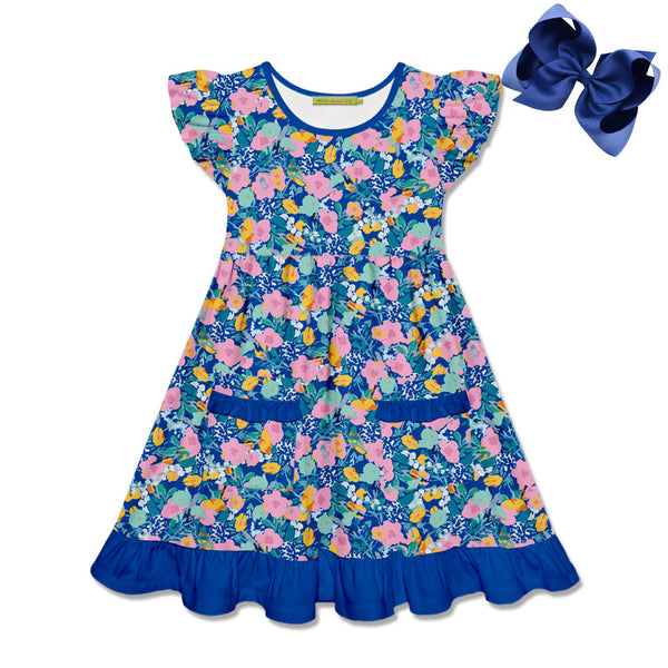 Kids Blue Floral Whimsy Ruffle Pocket Dress & Hair Bow Set