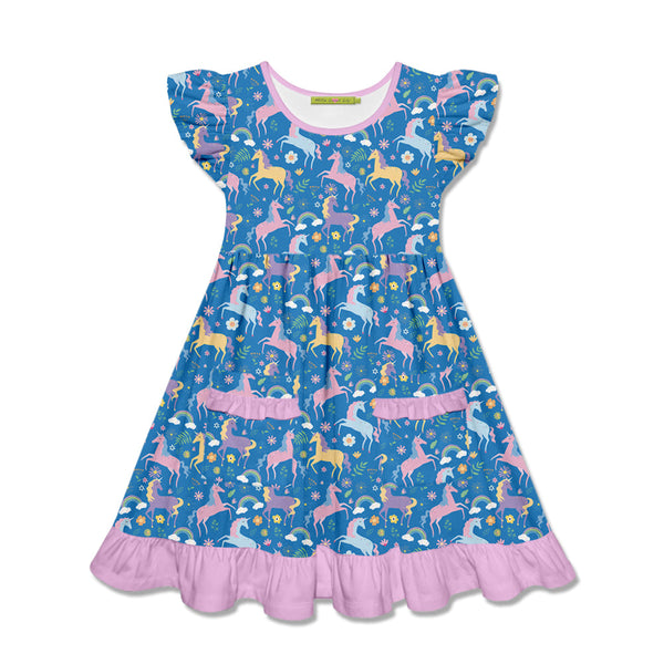 Kids Blue Unicorn Patch-Pocket Angel-Sleeve Dress
