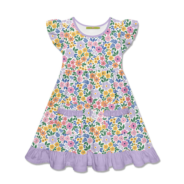 Kids Lilac Spring Bouquet Patch-Pocket Angel-Sleeve Dress