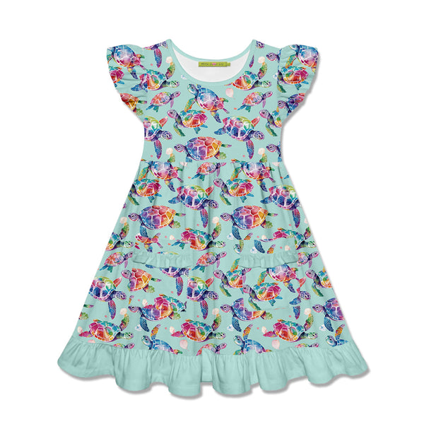 Kids Mint Tie-Dye Turtles Patch-Pocket Angel-Sleeve Dress