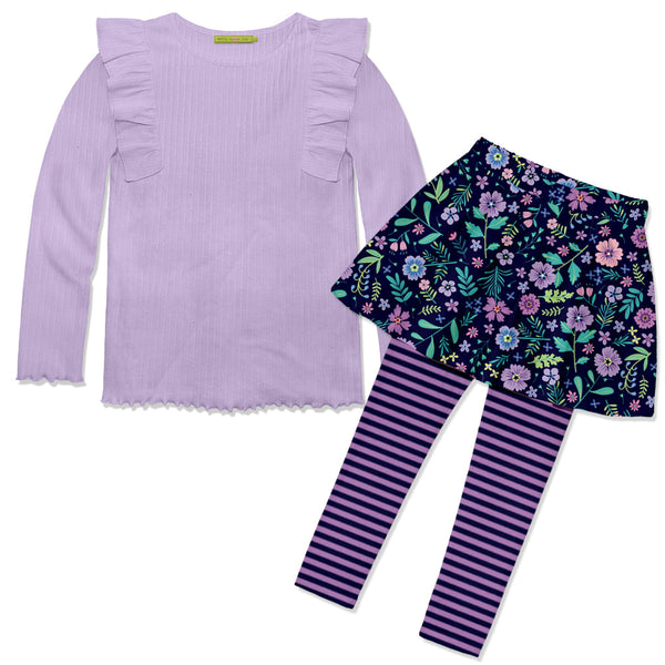 Kids Orchid Petal Ribbed Ruffle Long-Sleeve Top & Floral Skirted Leggings