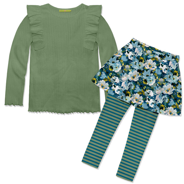 Kids Loden Frost Ribbed Ruffle Long-Sleeve Top & Floral Skirted Leggings