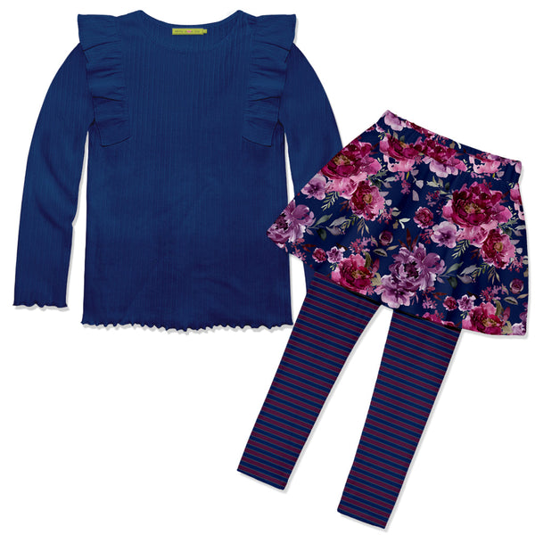Kids Navy Ribbed Ruffle Long-Sleeve Top & Floral Skirted Leggings