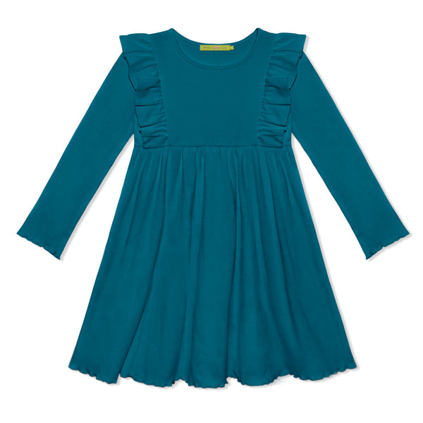 Kids Teal Ribbed Ruffle-Shoulder A-Line Dress