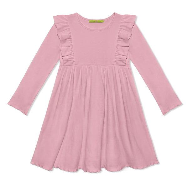 Kids Dusty Pink Ribbed Ruffle-Shoulder A-Line Dress