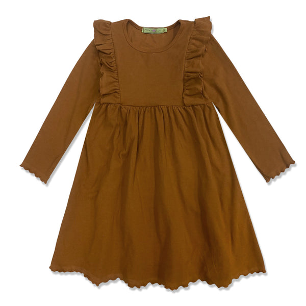 Kids Caramel Cafe Ribbed Ruffle-Shoulder A-Line Dress