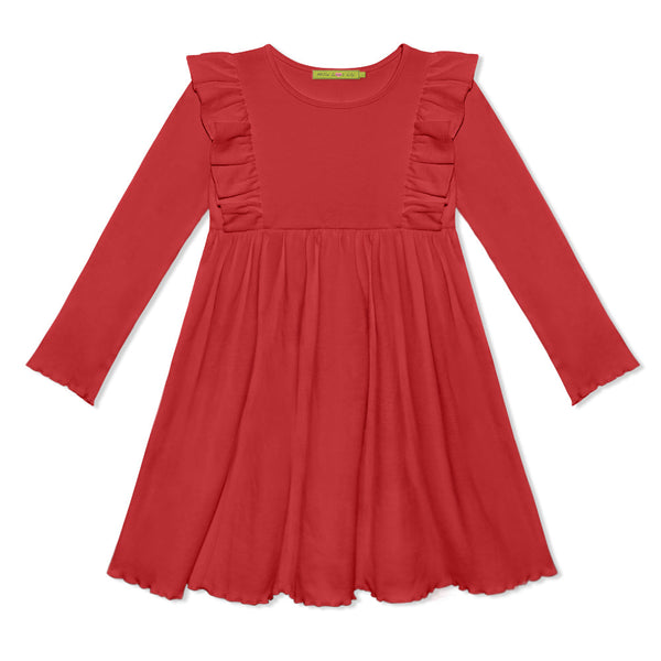 Kids Red Ribbed Ruffle-Shoulder A-Line Dress