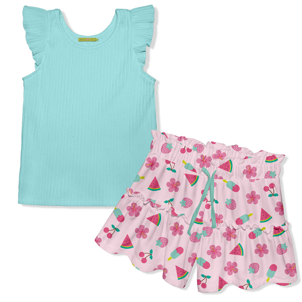 Mint Ribbed Angel-Sleeve Top & Summer Sweets Split Skirt