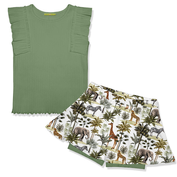 Loden Frost Ribbed Ruffle Sleeveless Top & Safari Scene Skort