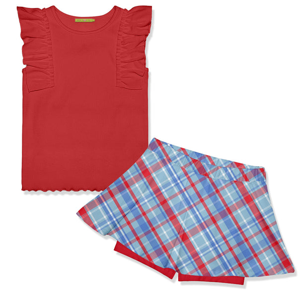 Kids Red Ribbed Ruffle Sleeveless Top & Plaid Skort