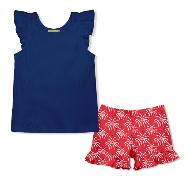 Kids Navy Ribbed Ruffle-Sleeve Top & Fireworks Ruffle Shorts
