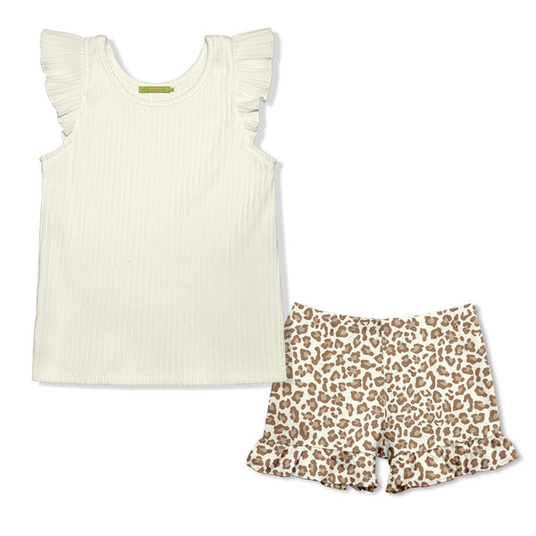 Kids Cream Ribbed Ruffle-Sleeve Top & Skin Print Neutral Ruffle Shorts