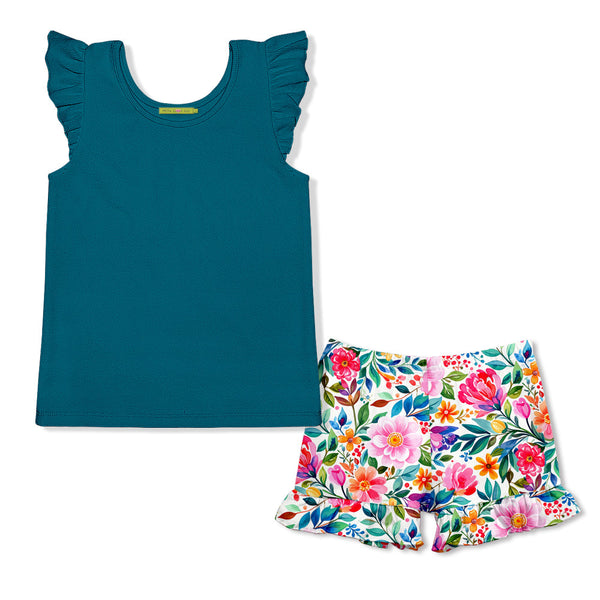 Kids Teal Ribbed Ruffle-Sleeve Top & Flowering Shorts