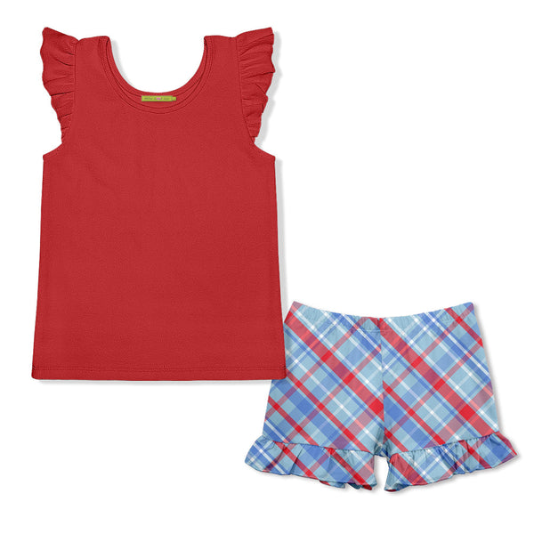 Kids Red Ribbed Ruffle-Sleeve Top & Plaid Shorts