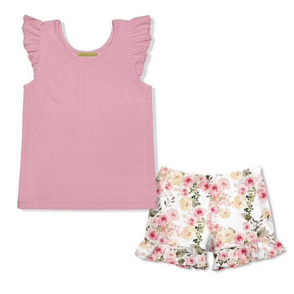 Kids Pink Ribbed Ruffle-Sleeve Top & Wild Roses Shorts