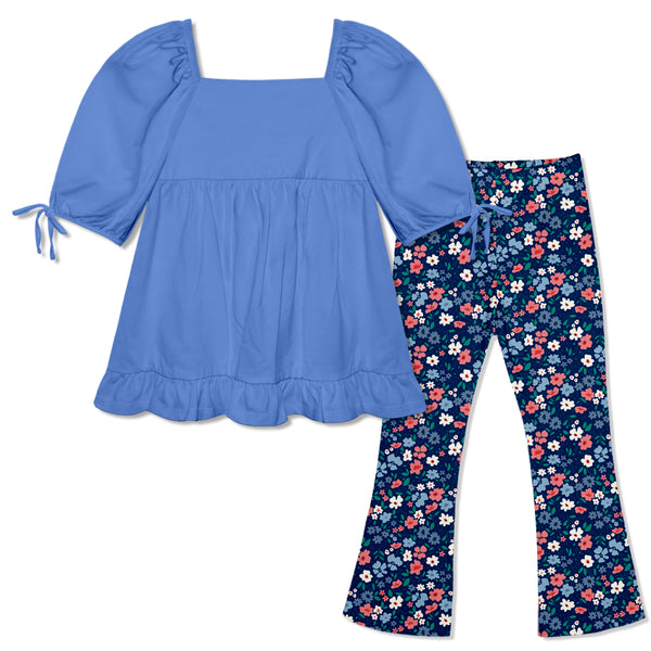 Marina Blue Puff Sleeve Ruffle-Hem Top & Florence Floral Flare Leggings