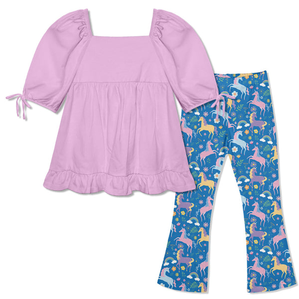 Kids Lilac Puff Sleeve Ruffle-Hem Top & Unicorn Flare Leggings