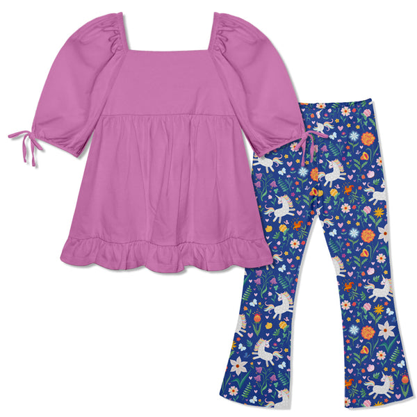 Kids Violet Puff-Sleeve Top & Unicorn Prance Flare Leggings