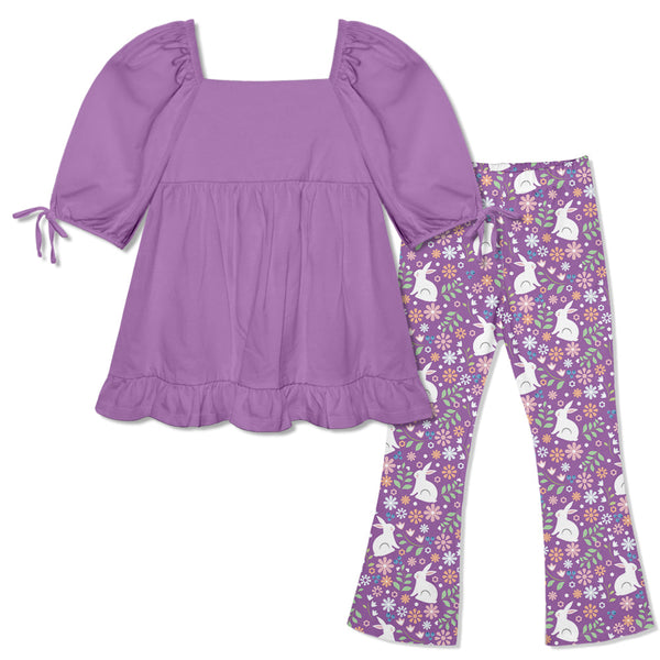Kids Purple Puff-Sleeve Top & Spring Bunny Flare Leggings
