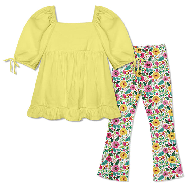 Kids Bright Yellow Puff-Sleeve Top & Flowering Flare Leggings
