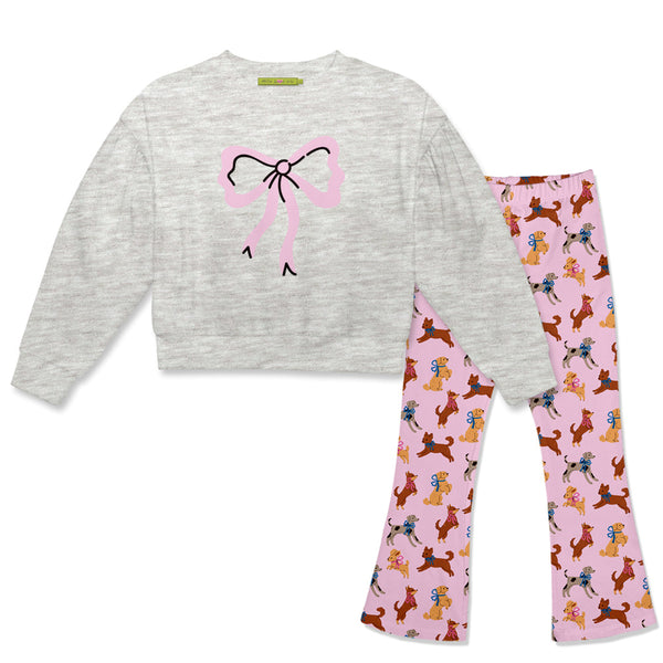 Kids Gray Crewneck Sweatshirt & Puppies'n Bows Flare Leggings