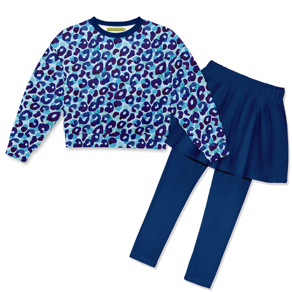 Kids Blue Watercolor Leopard Velour Sweatshirt & Navy Skirted Leggings