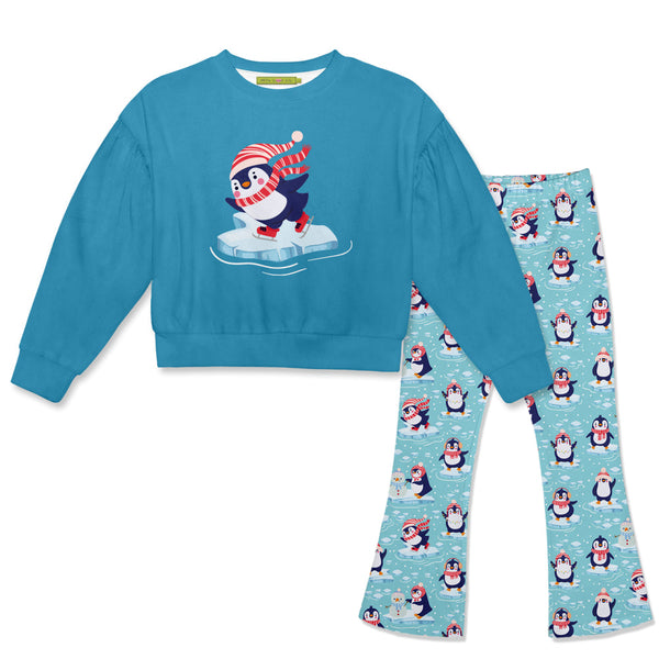 Kids Turquoise Penguins Velour Sweatshirt & Flare Leggings