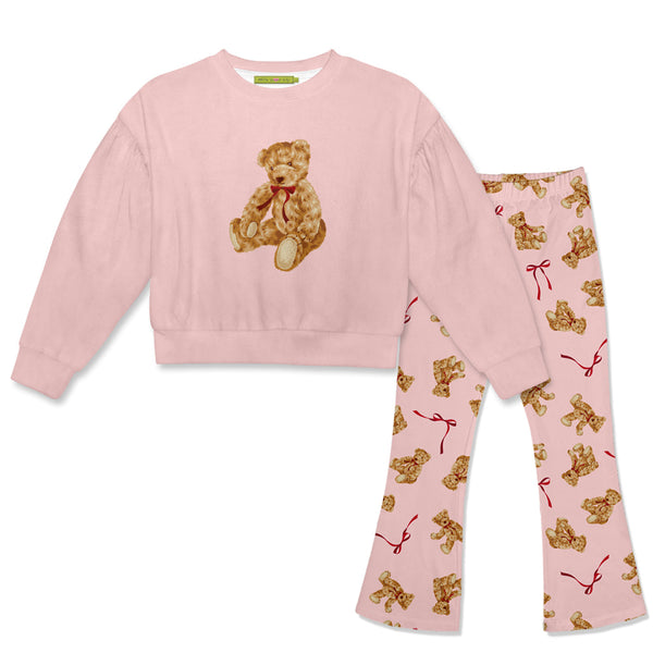 Kids Pink Velour Sweatshirt & Teddy Bear & Bows Flare Leggings