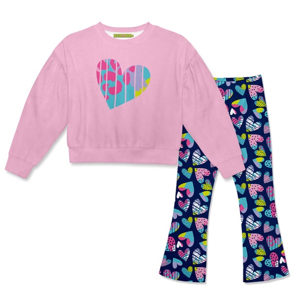 Kids Lilac Velour Sweatshirt & Navy Hearts Flare Leggings
