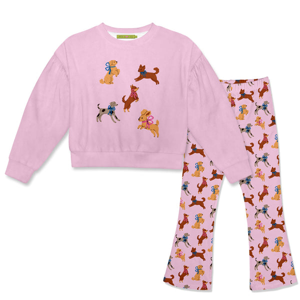 Kids Pink Velour Sweatshirt & Puppies'n Bows Flare Leggings