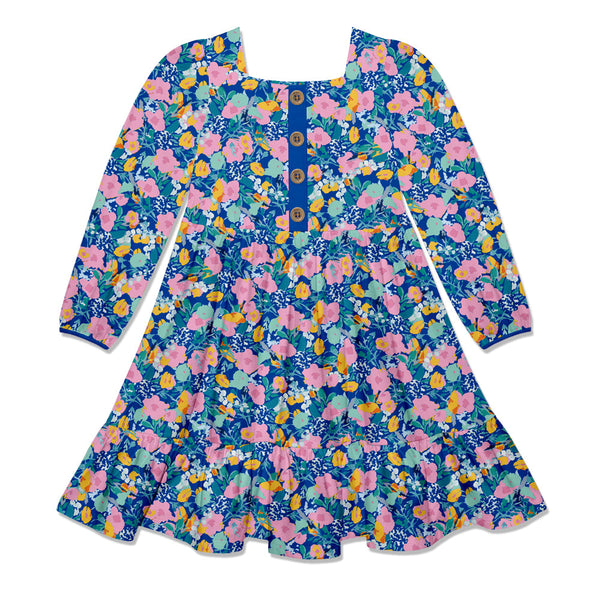 Kids Blue Floral Whimsy Square-Neck Button-Front Tiered Dress