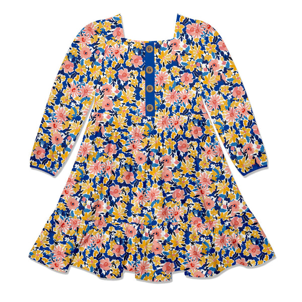 Kids Blue Floral Filigree Square-Neck Button-Front Tiered Dress