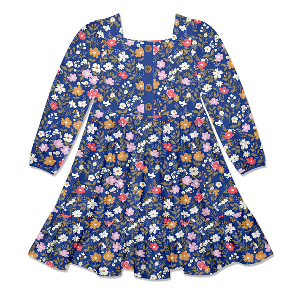 Kids Blue Beatrice Floral Square-Neck Button-Front Tiered Dress