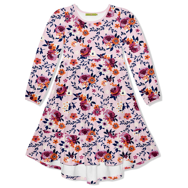 Kids Pink Willow Floral Velour Long-Sleeve Midi Dress