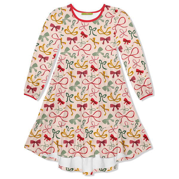 Kids Light Pink Holiday Bows Long-Sleeve Midi Dress