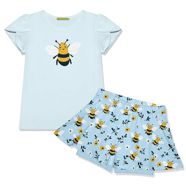 Kids Ice Blue Tulip-Sleeve Top & Bees Skort