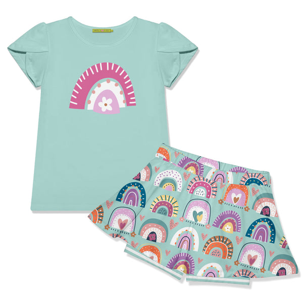 Kids Mint Tulip-Sleeve Top & Rainbow Skort