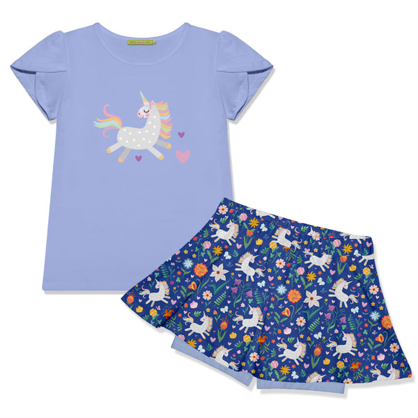 Kids Periwinkle Tulip-Sleeve Top & Unicorn Prance Skort