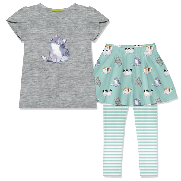 Gray Heather Tulip-Sleeve Top & Mint Kitty Dreams Skirted Leggings