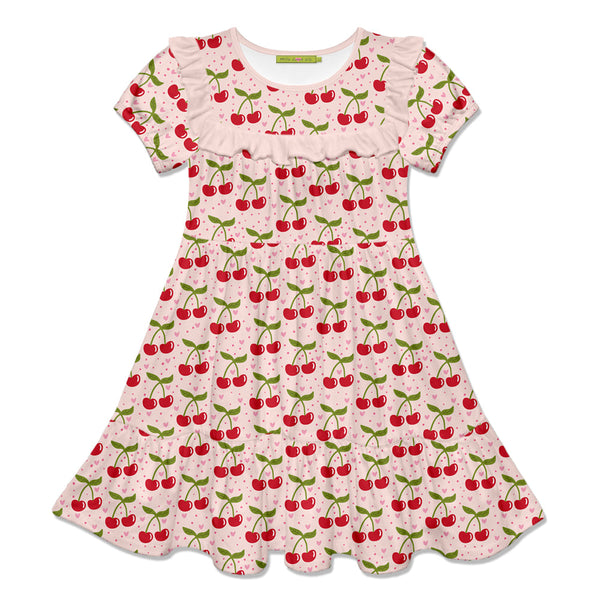 Kids Lt.Pink Cherries Ruffle Tiered A-Line Dress