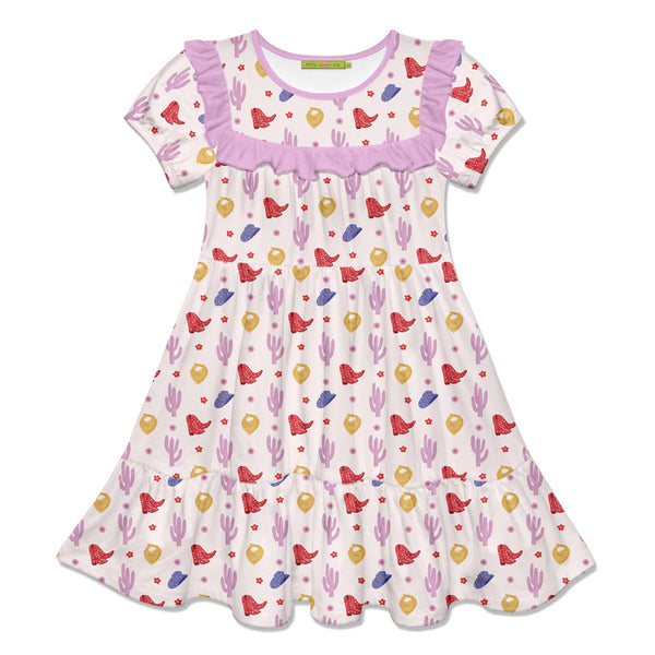 Kids Pale Pink Western Cactus Ruffle Tiered A-Line Dress